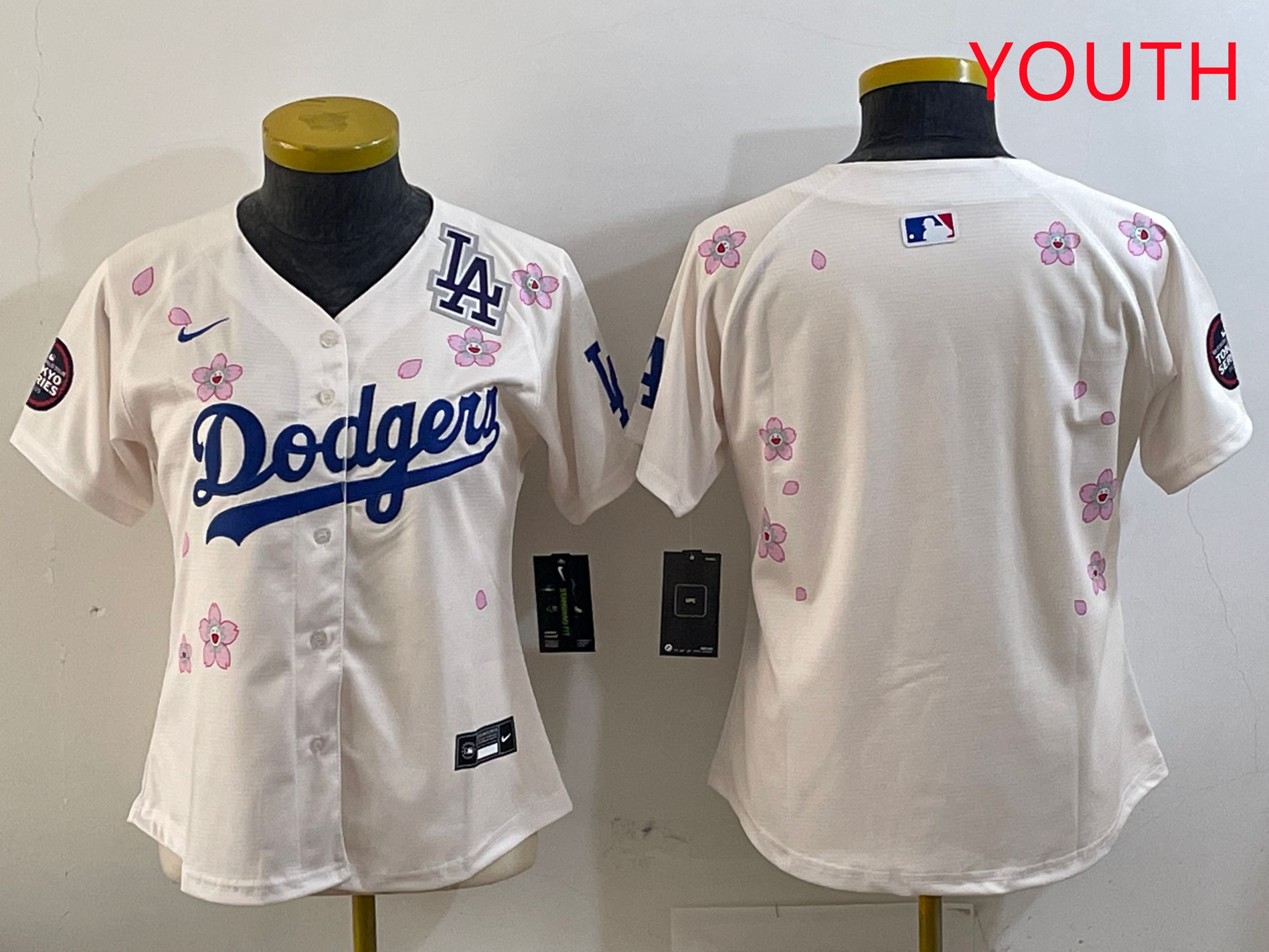 Youth Los Angeles Dodgers Blank Cream Sakura Edition 2025 Nike MLB Jersey style 4